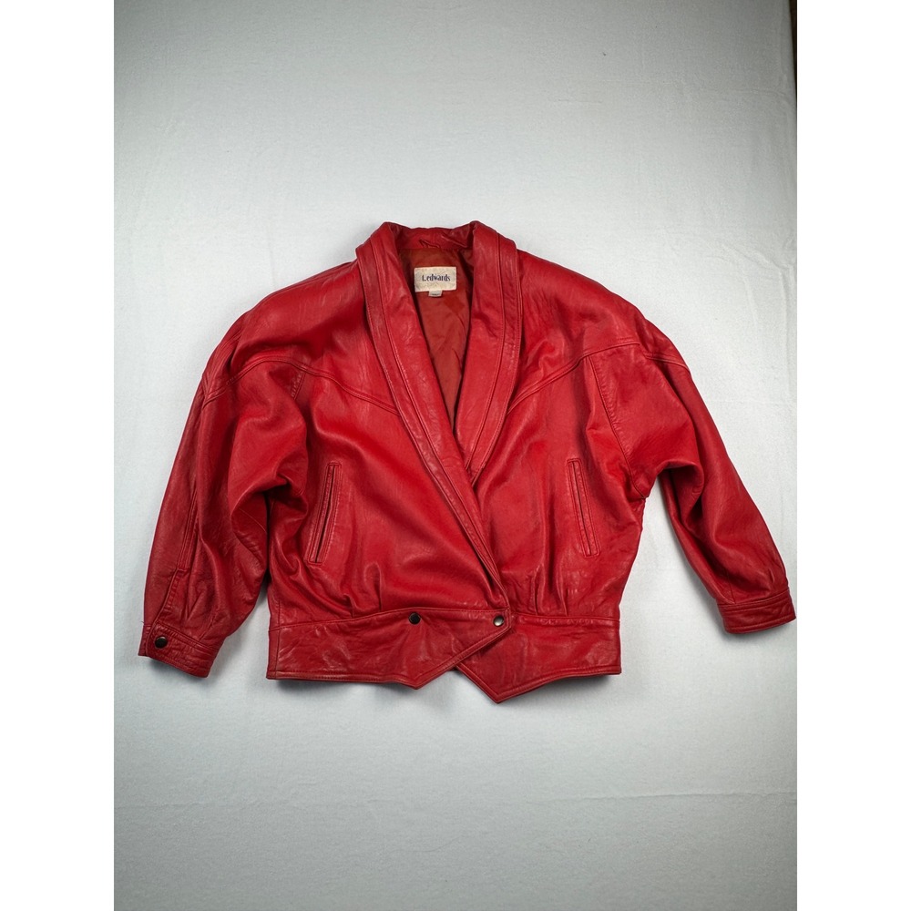 Vintage 80's T. Edwards Red Leather Jacket Shawl Collar Batwing Cropped Women's